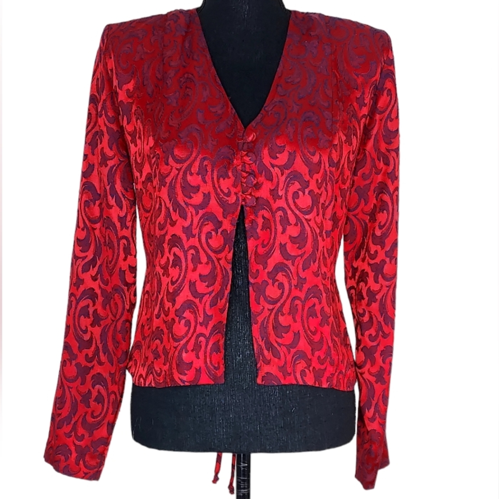 Vintage Michael Blake Red & Black Scroll Taffeta Cropped Blouse Made in USA